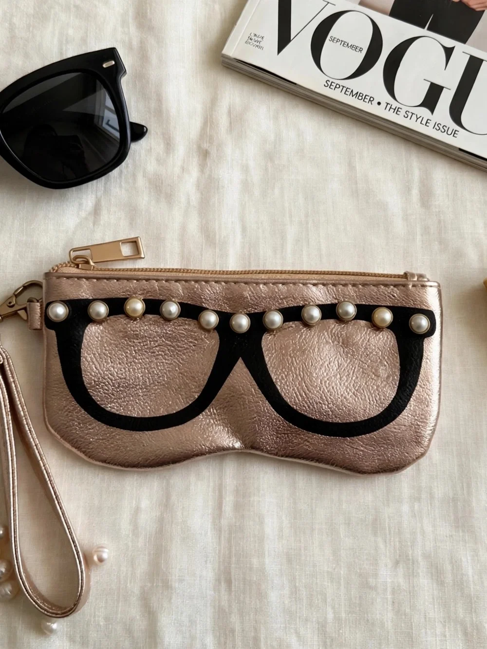 Pearl-Trim Metallic Pink Wristlet Sunglasses Pouch